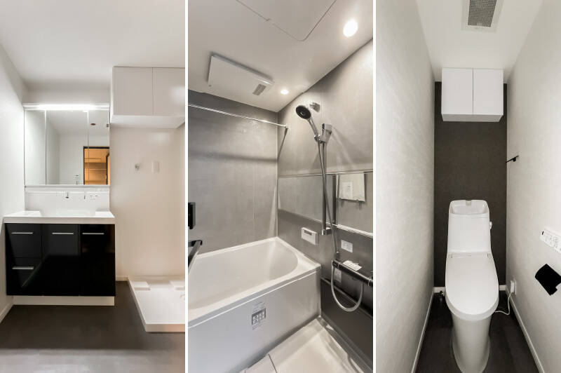 モノトーンで統一された水まわり。ユニットバスは、浴室乾燥機・追い焚き機能付きです。