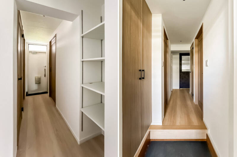 <p><b>左・</b>玄関ドア上部から光が届き明るい廊下。可動棚付きのオープン収納を備えています。/<b>右・</b>シューズボックスはトールサイズ。</p>