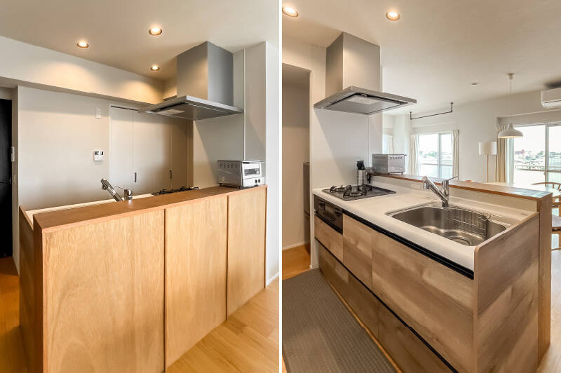 <b>左・</b>キッチン背面にある収納の中の左側は洗濯機置き場、右側は可動式の棚になっています。/<b>右・</b>3口コンロ付きのキッチン。コンロの左手には冷蔵庫が収まるスペースが。