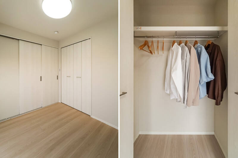 窓の反対側には、奥行きの深いクローゼットが備わっています。おひとり分の衣類なら問題なく格納できる広さだと感じましたよ◎