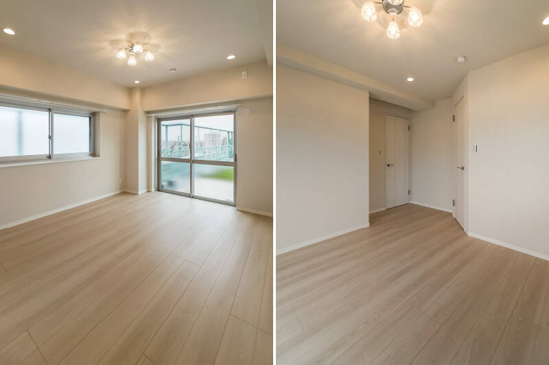 <b>左・</b>主寝室によさそうな洋室Ｂは、北・西の二面採光です。北側の掃き出し窓からはルーバルにアクセス可能。朝起きてラジオ体操をするもよし、寝る前に月を眺めるもよし……夢が広がりますね。／<b>右・</b>収納は、頼もしいサイズのウォークインクローゼット（WIC）が備わっています。