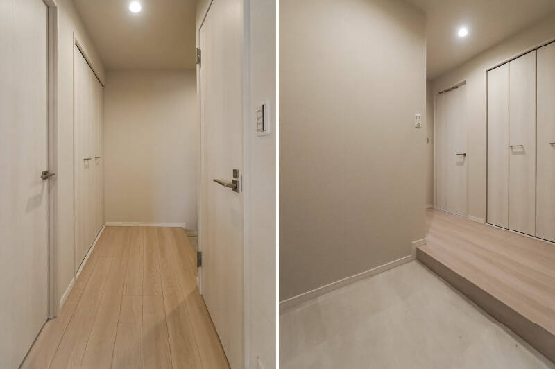 <b>左・</b>LDKを背にして廊下を見たカット。左が洋室Ｃで右が水まわりです。／<b>右・</b>靴収納が土間ではなく廊下にあるため、玄関はすっきりと余裕を感じる空間に仕上がっています。