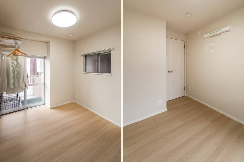 洋室Ｃはバルコニーに面した東向きの窓と、共用廊下に面した南向きの小窓があります。南側のものは換気用と割り切っておくのがよさそうです。また、収納はオープンタイプのクローゼットがひとつなので、お子さまの成長にあわせて家具を追加するイメージでいるのがいいかも。