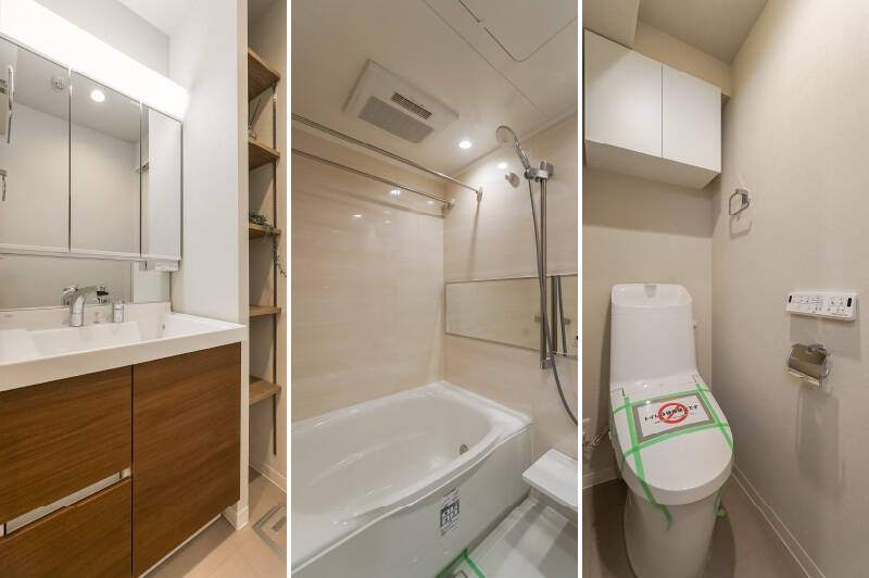 バスルーム（1218サイズ）や洗面化粧台そのものは小さくないのですが、洗面脱衣室がタイトなつくりなので、入浴後の身支度は自室でやるのがおすすめ。トイレは奥まった位置にあり、洗面脱衣室を経由してアクセスする間取りです。