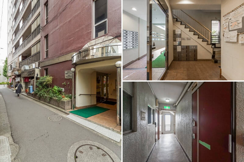 <b>左・</b>建物側面にエントランスが。全面は小さな路地ですが、駅に向かう人の通行が途切れず、防犯的には安心感があるかも？／<b>右上・</b>階段下スペースを利用して宅配ボックスを導入しているのが賢いですね！ 階段箪笥みたいで胸キュンです。／<b>右下・</b>日中は自然光がたっぷり入るので不便はなさそうですが、共用廊下はやや薄暗く、幅も狭めです。