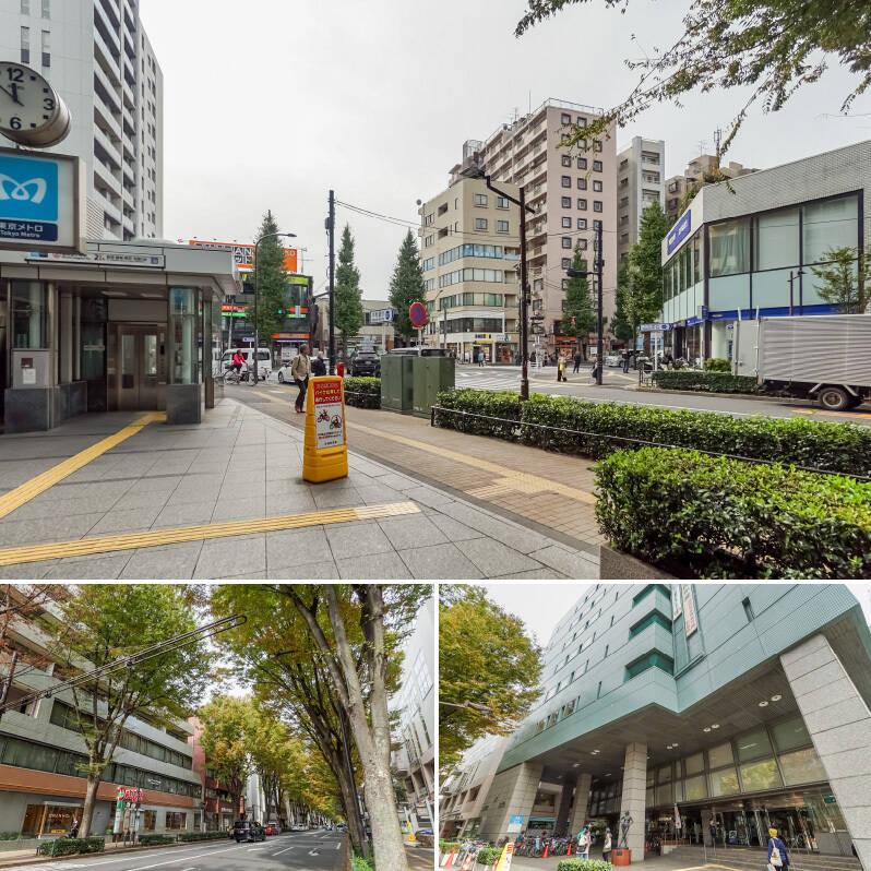 <b>上・</b>東京メトロ丸の内線「南阿佐ヶ谷」駅前をパシャリ（右手奥にマンションの姿が見えています！）。大きく開けた駅前には飲食店や銀行、アーケード付きの商店街などが集まっており、ごく至近距離で生活を完結させることが可能です。／<b>左下・</b>振り向くと、けやき並木が美しい「中杉通り」が。（徒歩2分）／<b>右下・</b>通り沿いにある「杉並区役所」までも徒歩2分。各種手続きに便利なのはもちろん、定期的に広場でイベントも開催されているそうですよ。