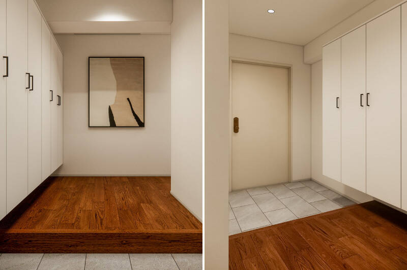 玄関扉を開けると、余裕を感じる広さのホールが出迎えます。シューズボックスはトールタイプのものをたっぷりと用意する、靴以外にこまごましたアイテムの収納場所としても利用可能です。