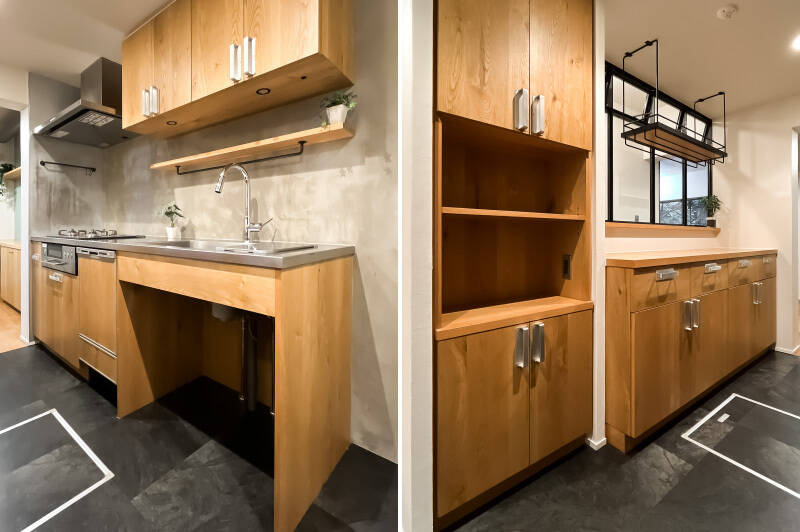 ほどよくお籠もり感があって、料理に集中できそうなキッチンスペース。カップボードや調理家電置き場などの収納も用意されているのがうれしい。