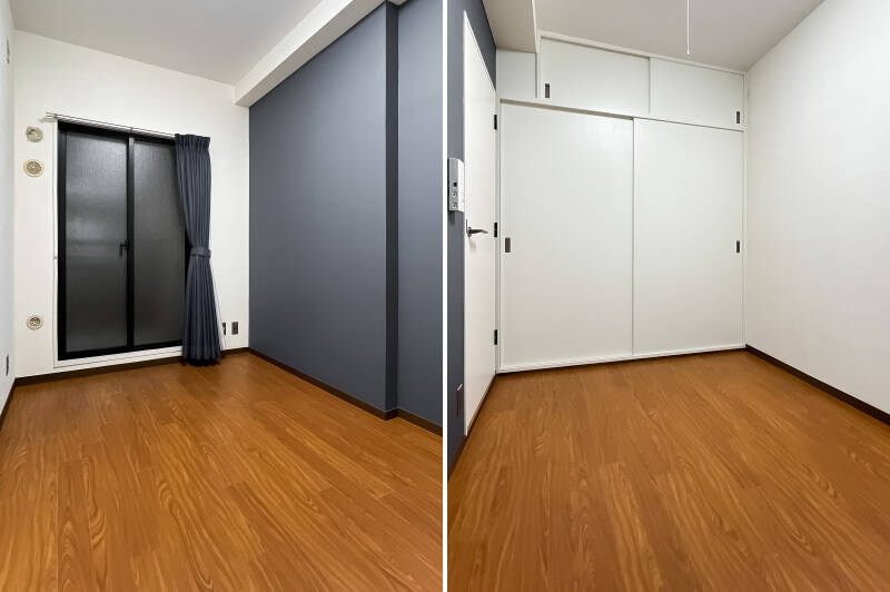 ネイビーのクロスがアクセントになった居室。大容量の収納が備わっています。