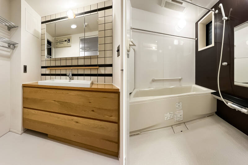 <b>左・</b>タイルやマリンランプがグッとくる洗面台。足元には床暖房が付いているので、冬でも快適に支度ができます。/<b>右・</b>バスルームは浴室乾燥機付きです。