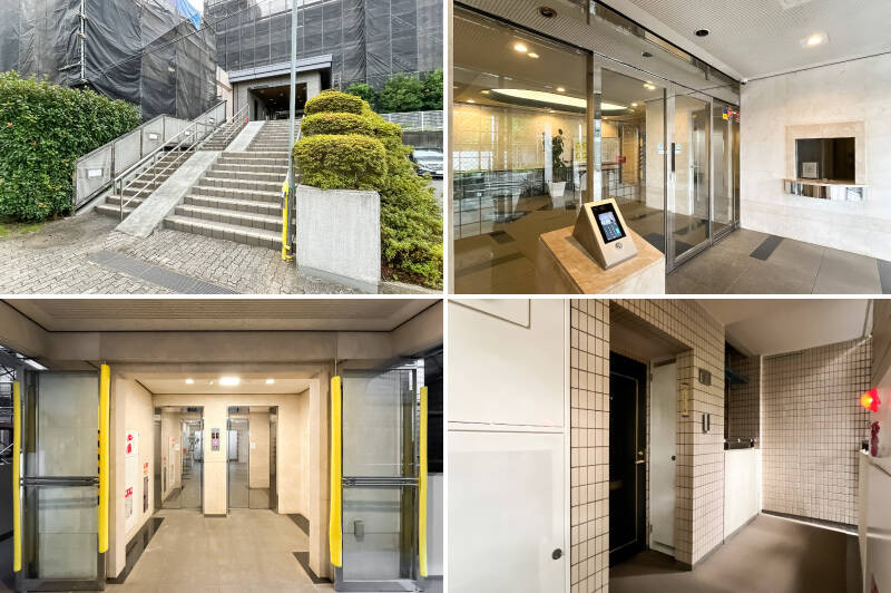 <b>左上・</b>エントランスまでのアプローチは、階段&スロープ。/<b>右上・</b>オートロックを完備。管理人さんは週7日勤務で手厚い管理体制です。/<b>左下・</b>清潔感のある共用ホール。/<b>右下・</b>住戸は1階所在です。