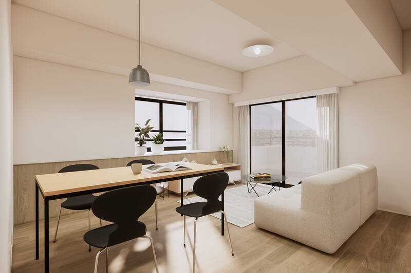 広さは約14帖(キッチンを含む)。南東向きのバルコニー北東向きの出窓に面する、二面採光の明るい空間です。