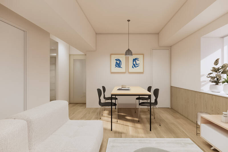 別の角度からもう一枚。リビングダイニングはスリムな収納付きです。