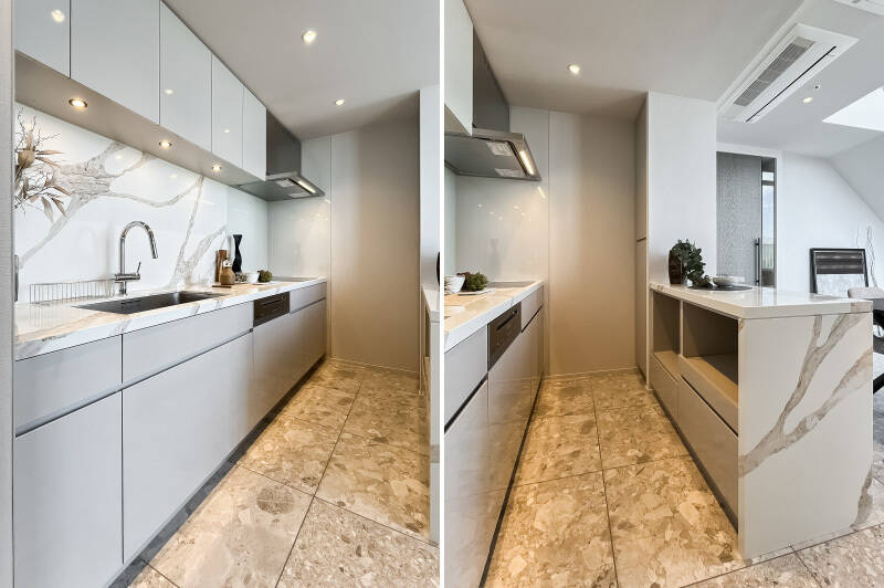 <b>左・</b>キッチン上部にも収納がたっぷり。 IHコンロとミーレ製の食洗機が備わっています。/<b>右・</b>カウンターの下には、家電を収納することができます。