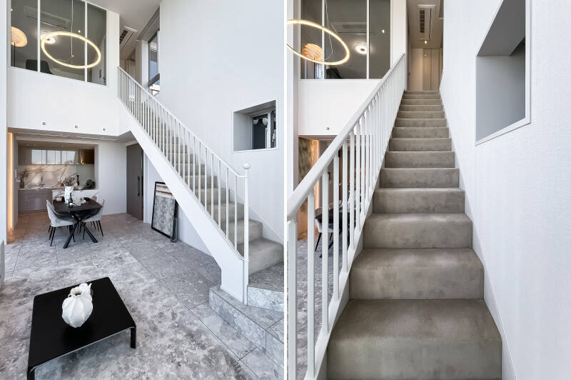 階段はカーペット敷き。足触りが心地よく、足音が響きづらそうですね。