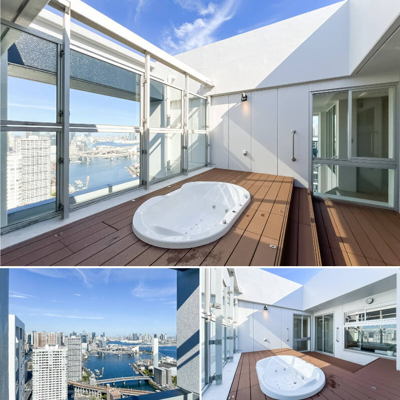 洗面室からアクセスするスカイジャグジー。運河を眺めながら入浴できるなんて、なんて贅沢なんでしょう…!