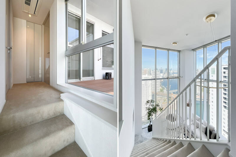 <b>左・</b>廊下も大きな窓があって明るい。/<b>右・</b>階段の上から見下ろした様子。毎朝起きるのが楽しみになりそうな景色ですね。