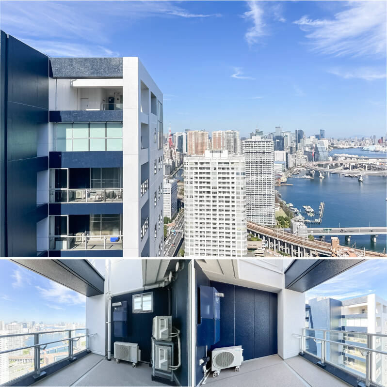 <b>上・</b>洋室Bに面する北側のバルコニーからの眺望。「東京タワー」がチラリ♡ /<b>下・</b>奥行きがしっかりあるので、デッキチェアなどを置けそうです。ビールやコーヒーを飲みながら運河を眺めたい…!