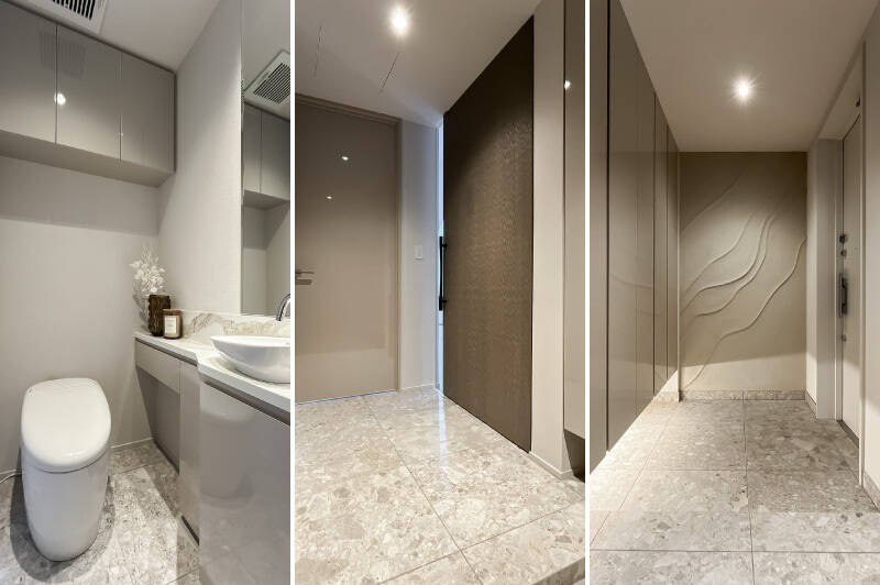 <b>左・</b>下階にある2つ目のトイレ。/<b>中央・</b>コンパクトな廊下。右側の大きな建具がLDKの入口です。/<b>右・</b>玄関には扉5枚分の下足入れが備わっています。