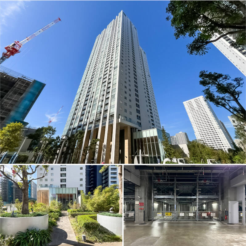 <b>左上・</b>青い空によく映えるマンション。/<b>左下・</b>エントランスまでのアプローチはグリーンがたくさんで、きもちいがい!/<b>右下・</b>専用使用権付きの駐車場。機械式ですが最も大きいサイズのパレットなので、車種の制限は少なそうですよ。