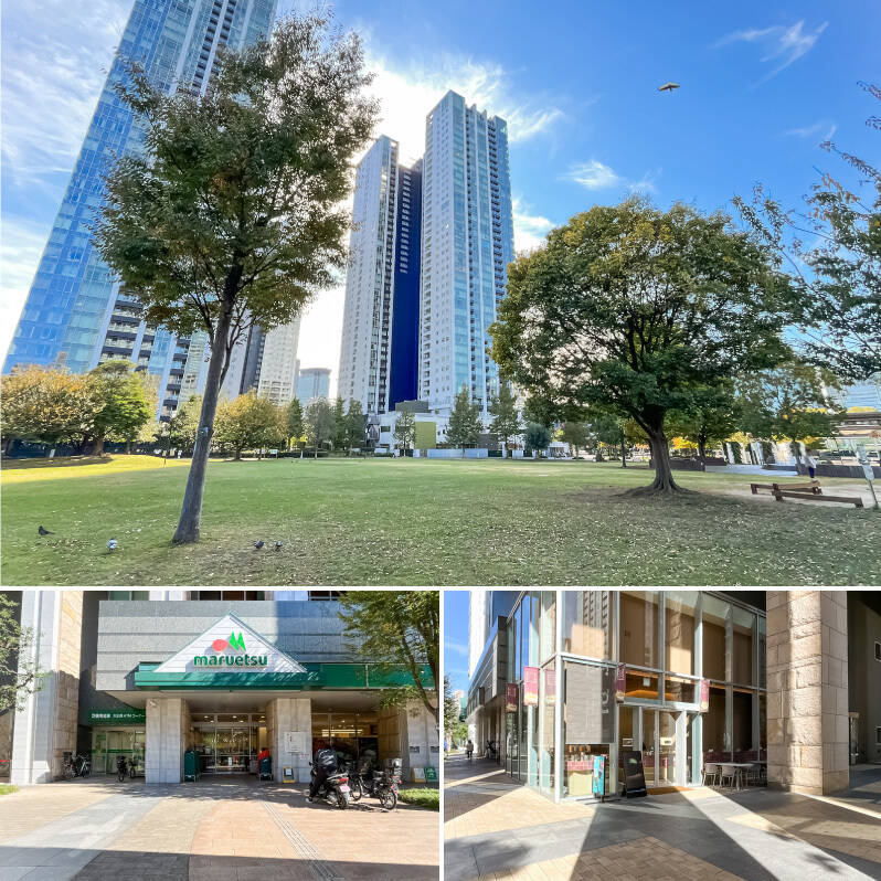 <b>左上・</b>敷地に隣接している「港南緑水公園」(徒歩1分)。お天気が良い日にはピクニックをしたいですね。/<b>左下</b>・マンションの1階に入居している24時間営業の「マルエツ 港南ワールドシティ店」。/<b>右下・</b>こちらもマンション内にある、桃のパイが一押しのカフェ「シックスセンス」。