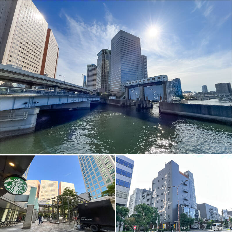 <b>左上・</b>お散歩ルートにぴったりの「天王洲水門」。水辺が近い暮らしって素敵です。(徒歩8分)/<b>左下・</b>オフィスビルに併設している「スターバックス コーヒー 天王洲店」(徒歩9分)/<b>右下・</b>寺田倉庫が運営する「WHATMUSEUM」。建築模型を常設展示しています。(徒歩12分)