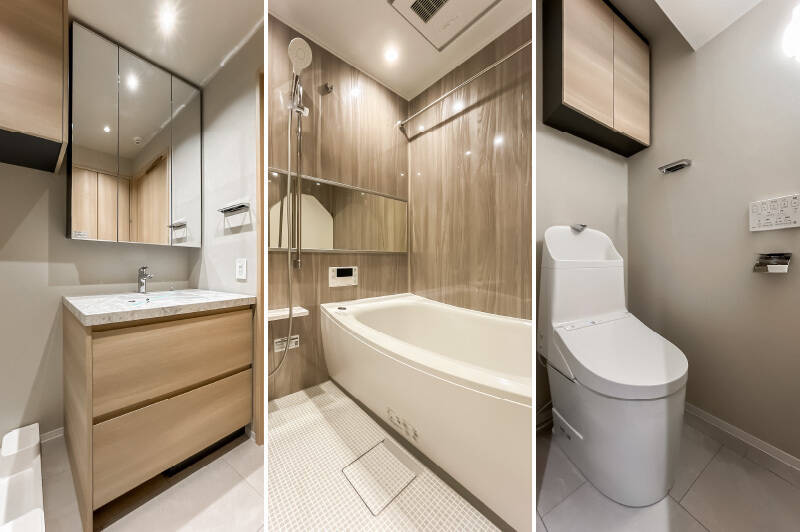 <p><b>左・</b>洗面室とバスルームはナチュラルにまとめます。キッチンとお揃いの天板で、統一感がありますよ◎ /<b>中央・</b>浴室乾燥機付きの1317サイズのユニットバス。/<b>右・</b>廊下からアクセスするトイレ。</p>