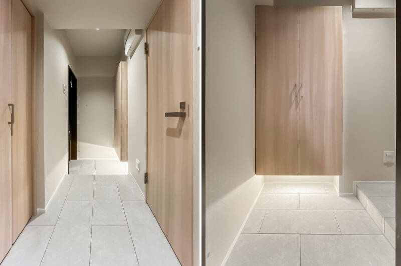 <b>左・</b>廊下には折れ戸2枚分の収納があります。/<b>右・</b>空間が広く見えるよう、玄関土間と廊下の床にはあえてお揃いのタイルを採用しています。