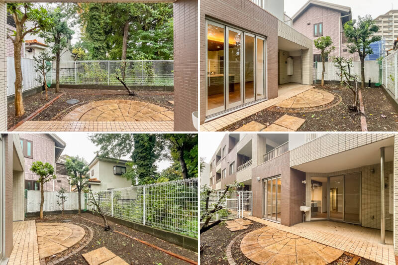 窓を開けると、きれいに舗装されたテラスと専用庭（約33㎡）が。正面には隣接する敷地の緑が見えます。