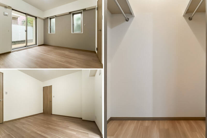 <b>左・</b>洋室Ａは北西と北東の二面採光。ベッドのほかにも家具を置けそうな広さです。／<b>右・</b>扉の中はWIC（ウォークインクローゼット）になっています。