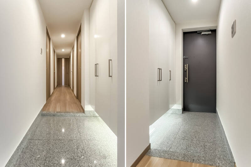 玄関はトールタイプのシューズボックス付き。廊下には物入れがあります。