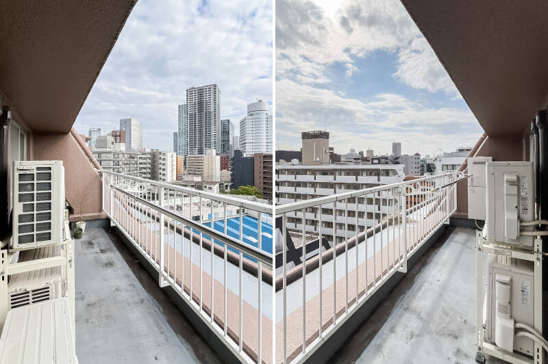 奥行き深めのバルコニー。物干し受けが備わっています。