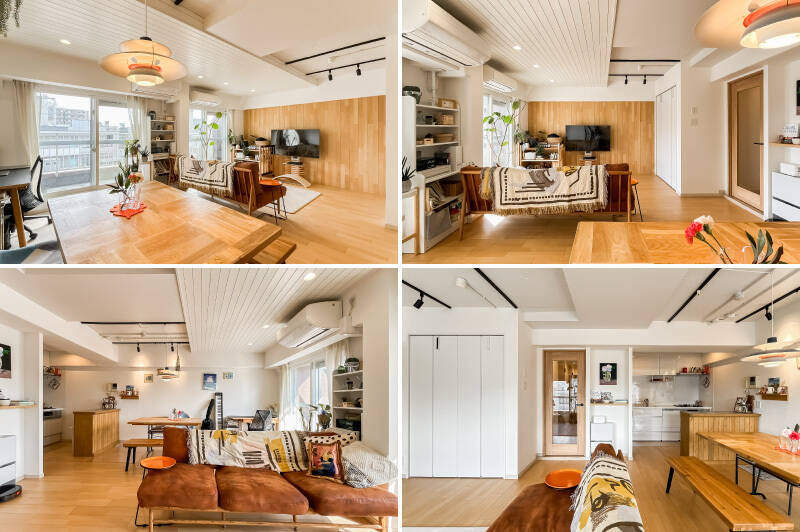 LDK全景。リビングとダイニングのスペースをゆったりと設けられる広さ。折れ戸2枚分の収納も備わっています。