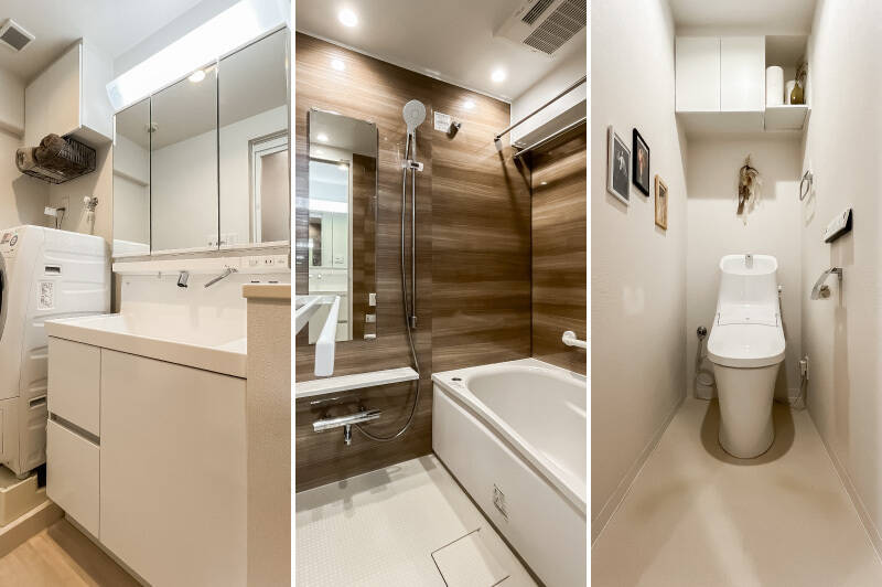 <b><b>左・</b></b>シンプルな洗面台。横には吊り戸棚付きの洗濯機置き場があります。/<b><b>中央・</b></b>オートバス機能付きのユニットバス。/<b><b>右・</b></b>トイレには廊下からアクセスする間取りです。