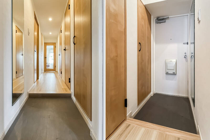 玄関には片開きタイプのシューズボックスを設置済み。また、身だしなみチェックがしやすい大きな姿見付きです。