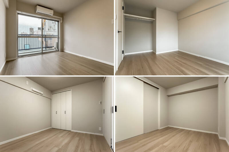 <b>上・</b>約5.6帖の洋室A。オープンタイプの収納付きです。／<b>下・</b>約5.5帖の洋室B。こちらにはコンパクトな収納が設置されています。