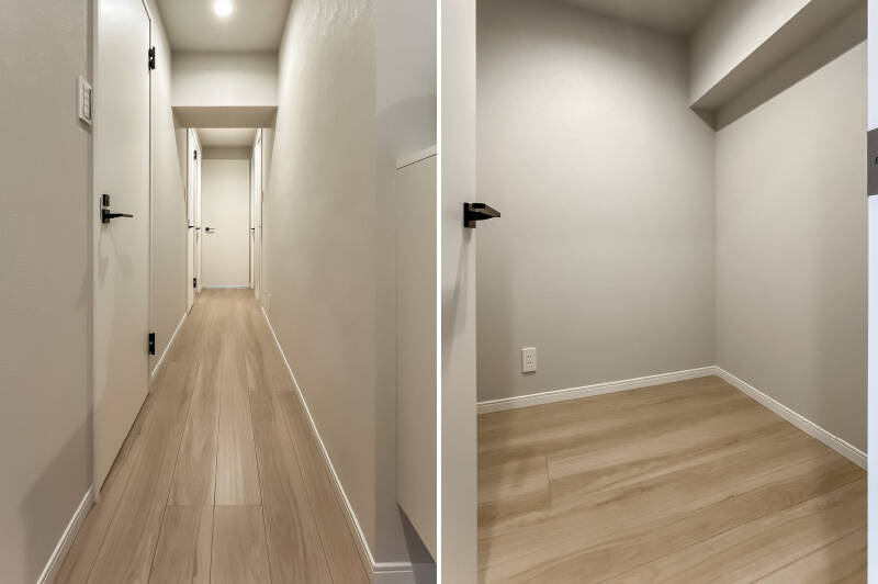 <b>左・</b>廊下には、残りの洋室や水まわりの扉が並びます。／<b>右・</b>そして納戸にもご注目！ 約2帖もの広さがあり、季節家電やアウトドアのギアなど大型アイテムも余裕を持って収納できます。