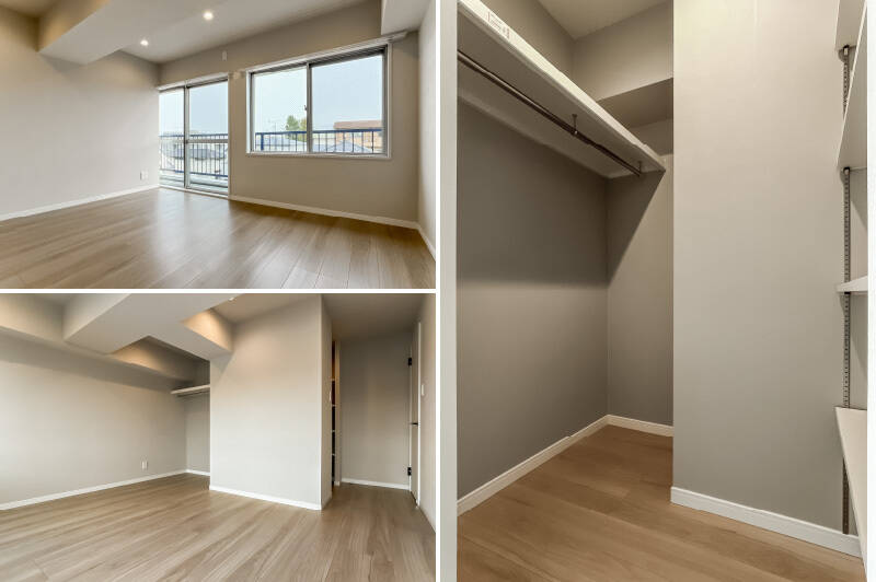 <b>左・</b>4つの洋室のうち、最も広い洋室C。北東向きのバルコニーに面しています。枕棚とハンガーパイプのほかにも……？／<b>右・</b>入り口付近に、セミクローズドなウォークインクローゼット（WIC）が。