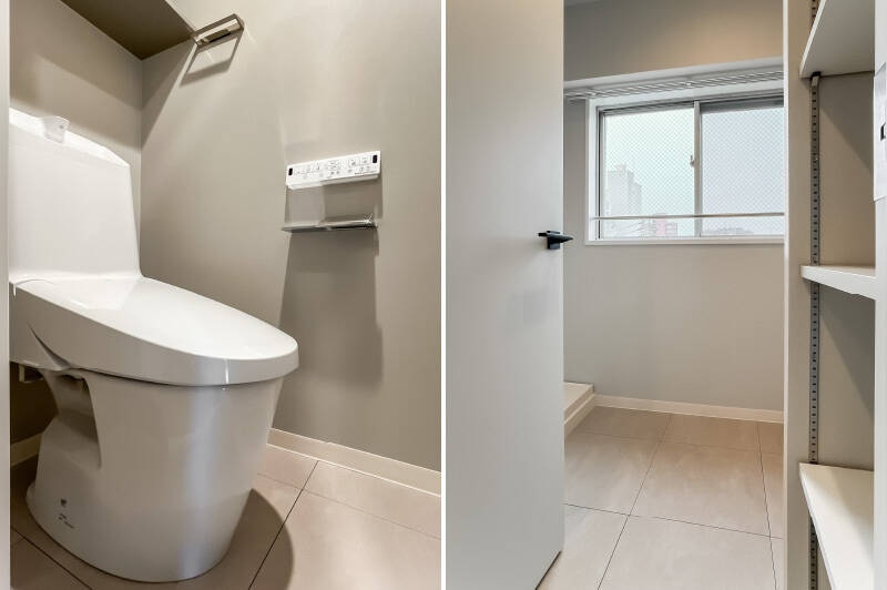 <b>左・</b>トイレには廊下からアクセスする間取りです。／<b>右・</b>洗濯機置き場は、約2帖のサニタリールーム内に。開閉可能な窓付きで、家事室のように使えます。