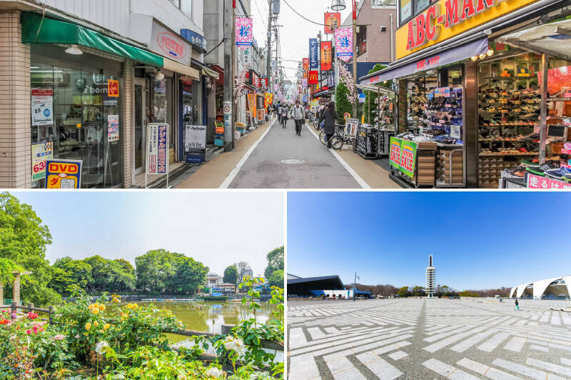 <b>上・</b>最寄りは商店街に活気がある「学芸大学」駅(徒歩14分)。美味しいパンもスイーツも飲み屋さんも、なんでもありますよ〜!/<b>左下・</b> 池の畔でぼーっとしたい「碑文谷公園」。(徒歩13分)/<b>右下・</b>思い切り運動したくなったら「駒沢オリンピック公園」へGO!(徒歩14分)