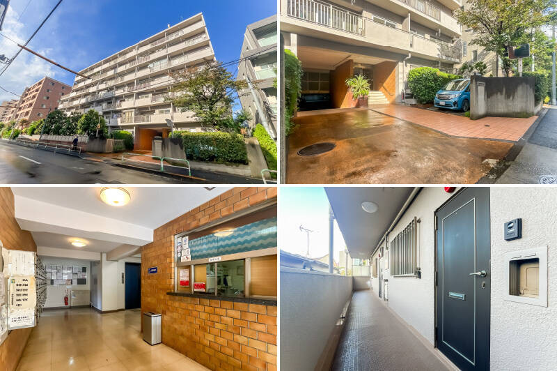 <b>左上・</b>環七の野沢交差点から少し奥まった立地。/<b>右上・</b>きれいに整備されたアプローチ。階段を数段上がりエントランスへ。/<b>左下・</b>管理人さんは週5日8-17時に勤務。/<b>右下・</b>住戸がある2階の外廊下。明るい気分で出かけられそう!