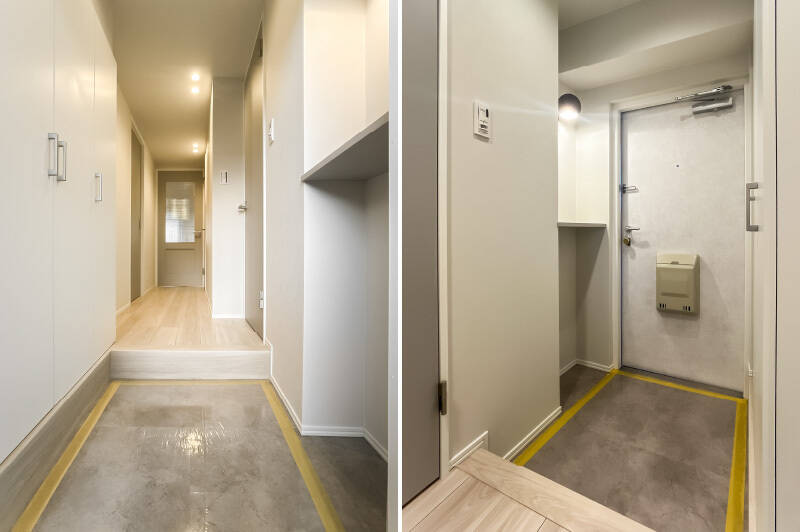 LDKのチェッカーガラス入りドア、玄関横の照明が早速キュート♡ 下足入れは専有面積に対して大きめでうれしい。