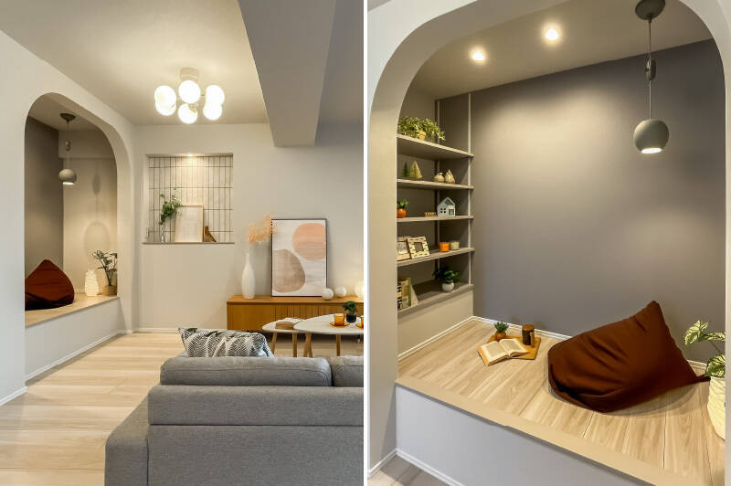 内装のポイントにもなっているヌックとニッチ。ヌックとは “居心地のいい、こぢんまりとした家の中のスペース” のこと。片側は棚になっているので、お気に入りの小説や漫画を並べたいですね。