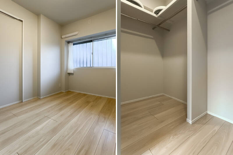 広さは約5.3帖。共用廊下に面しているため曇りガラスが使われています。コの字の枕棚とハンガーパイプが付いたウォークインクローゼット(WIC)があるのはとても心強い!