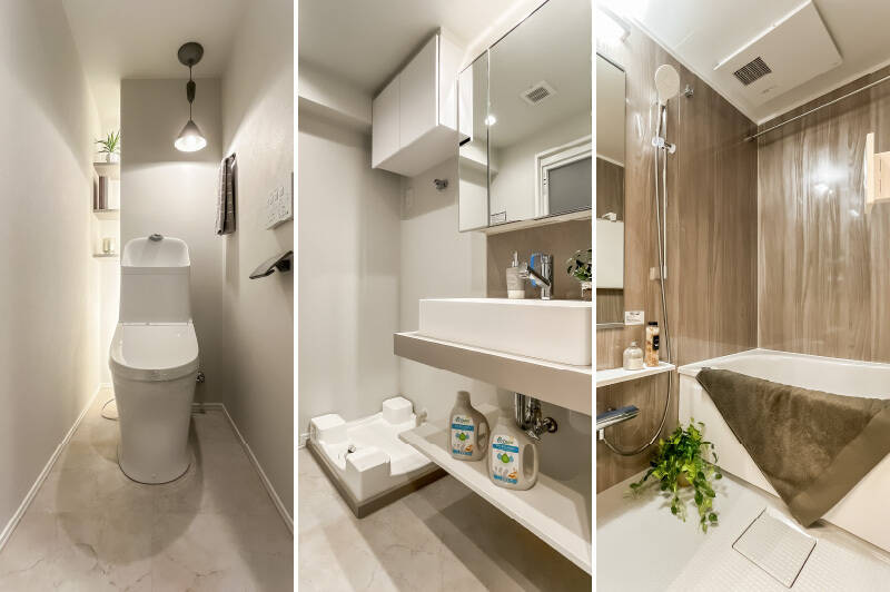 <b>左・</b>照明や棚が可愛いトイレ。/<b>中央・</b>洗面脱衣室。鏡の裏や洗濯機置き場の上に収納場所を確保しています。/<b>右・</b>ユニットバスは浴室換気乾燥機付き。バルコニーでの乾きがイマイチだった場合、ここで仕上げるといいかもしれません。