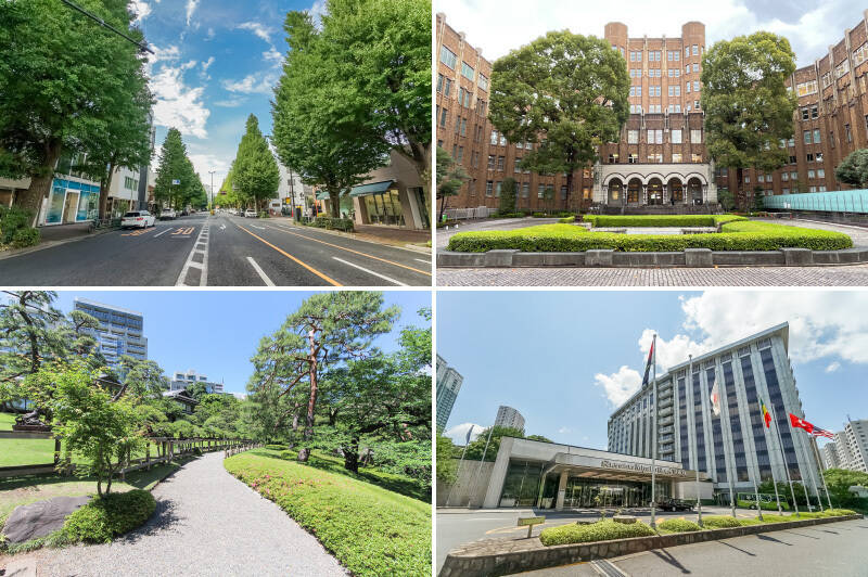 <b>左上・</b>外苑西通りの終着点である通称 “プラチナ通り”。ブティックやグランメゾンが並ぶ瀟洒な並木道です。（徒歩9分）／<b>右上・</b>東京大学医科学研究所附属病院と対になって建てられた「港区立歴史郷土館」。スクラッチタイルで覆われたゴシック建築は無料で見学可能。図書館やカフェも併設されています。（徒歩7分）／<b>左下・</b>400年前から受け継がれてきた日本庭園を活かし、日本の美意識が凝縮された時間を届ける「八芳園」。（徒歩5分）／<b>右下・</b>こちらもロビーラウンジから日本庭園を望む「シェラトン都ホテル東京」。（徒歩5分）