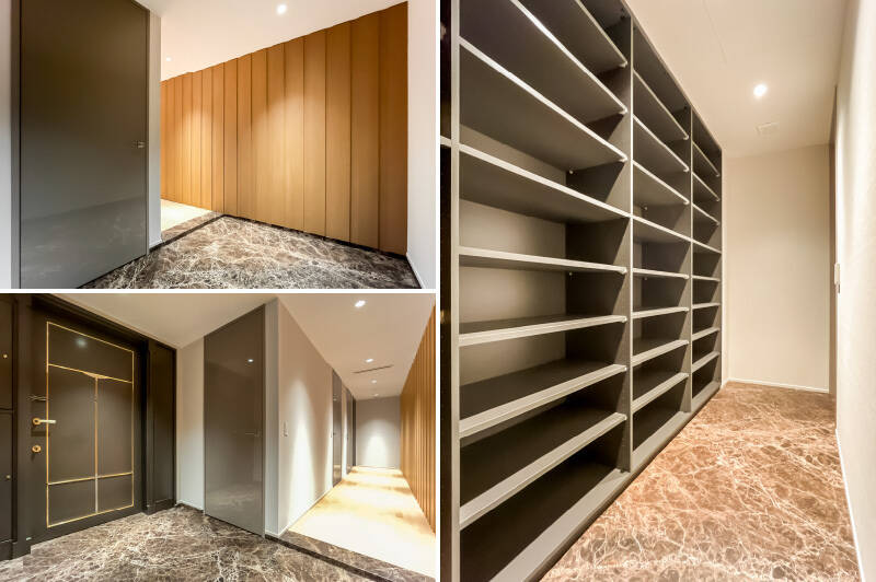 廊下に沿って化粧板が施され、土間には艶やかな天然石。ダウンライトで照らされ、室内まで美術館のようです。大容量のシューズインクローゼット（SIC）を完備。