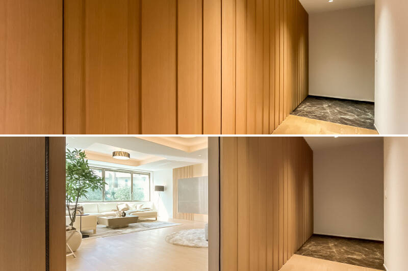 壁面と一体化したLDKの扉。光に誘われるまま、いざ入室です。