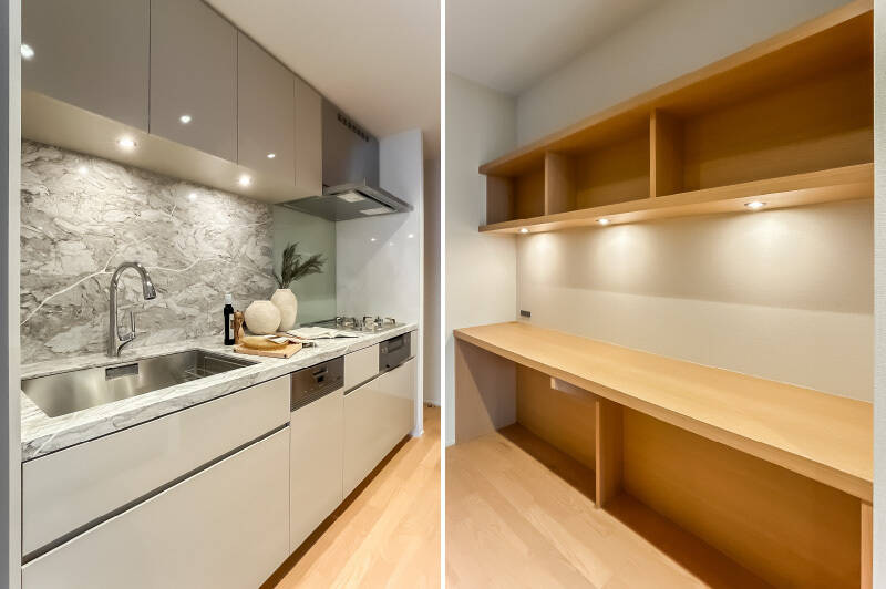 <b>左・</b>「Miele（ミーレ）」社製の大型食洗機を搭載。／<b>右・</b>奥にはアイロン掛けなどで使えそうなカウンターも。