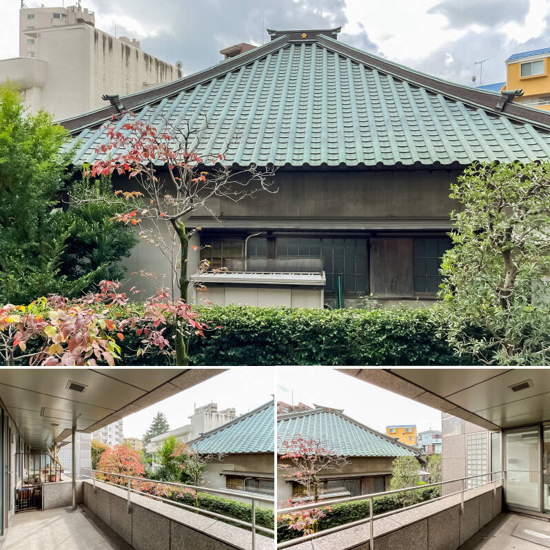 正面には「正源寺」のお堂。ちらっと墓地が見えていますが、敷地内の植栽が目隠しの役割を果たし、視界を和らげています。